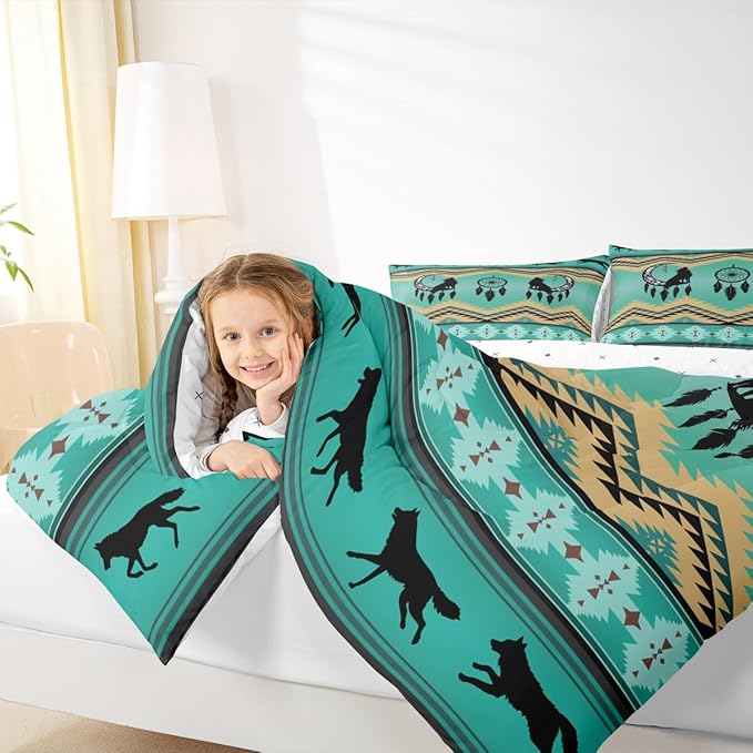 Erosebridal Wolf Bedding Set King Ethnic Tribe Feather Arrow Aztec Quilt,Moon Dream Catcher Bohemia Comforter Set Comforter Set Indian Tribal Geometric Duvet Insert,Vintage Exotic Wildlife,Green