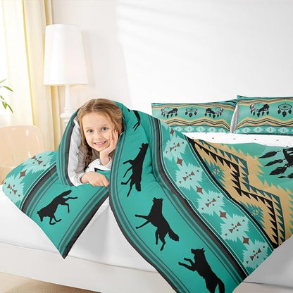 Erosebridal Wolf Bedding Set King Ethnic Tribe Feather Arrow Aztec Quilt,Moon Dream Catcher Bohemia Comforter Set Comforter Set Indian Tribal Geometric Duvet Insert,Vintage Exotic Wildlife,Green