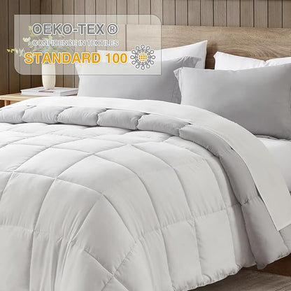 satisomnia Queen Comforter Set, White Grey Bedding Comforters Queen Size, 3 Pieces Down Alternative Bed Comforter Lightweight, Soft Quilted Bed Set Breathable, Reversible All Season Bedding Sets
