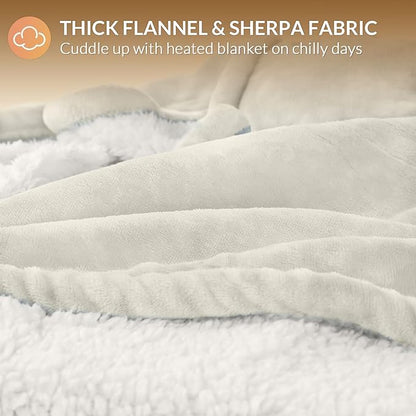 HOMLYNS LuxeHeat Heated Blanket Electric Blanket Twin Size, Soft Flannel Sherpa Heating Blanket with 10 Heat Settings, 1-10 hrs Timer Auto Shut Off (62x84 inches, Cream)