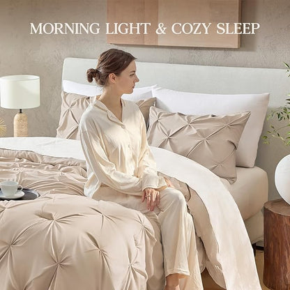 Andency Wheat Comforter Twin(66x90Inch), 2 Pieces(1 Pintuck Comforter, 1 Pillowcase) Microfiber Pinch Pleat Comforter Set Twin Size, Lightweight and Soft All Season Bedding Comforter Sets