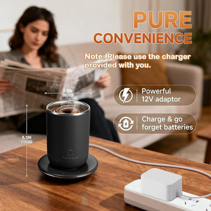 Heated Coffee Mug 11oz,Self Stirring Electric Mug with Temperature Control & Auto Shut-Off,Stainless Steel Smart Coffee Cup with Detachable Heating Base for Desk,Office,Home,Gifts for Women(Black)