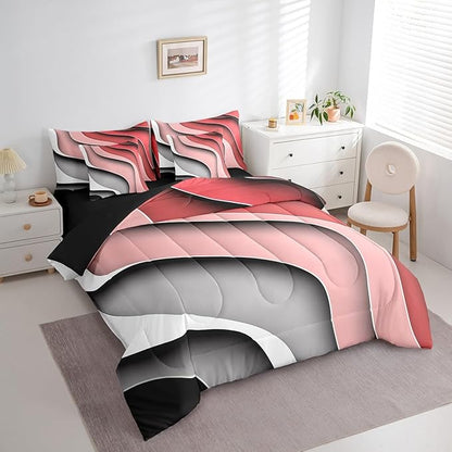 Rasberry Red Pink Grey Ombre Bedding Full Size 7-Piece for Girls Geometric Stripe Comforter Set, Aesthetic Wave Bedding Comforter Sets Modern Abstract Bed in a Bag, Gradient Bedding Accessories
