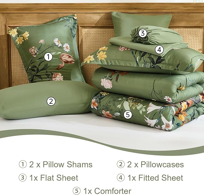 WONGS BEDDING Green Floral Comforter Set Queen, 7 Piece Bed in a Bag Bedding Set with Botanical Flowers Patterns, Soft Lightweight Complete Comforters with Sheets for All Season
