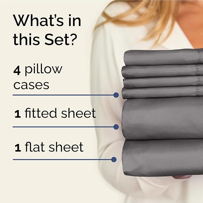 Full 6 Piece Sheet Set - Comfy Breathable & Cooling - Ultra-Soft Hotel Luxury Bedding Set with 8-16 Inch Deep Pockets - 1 Flat & 1 Fitted Sheet & 4 Pillowcases - Wrinkle Free & Easy Care - Dark Grey