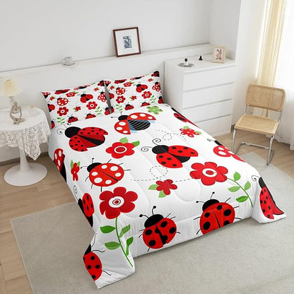 Cute Ladybug Comforter Set Queen for Boys Kids Cartoon Bug Room Decor Red Floral and Animal Comforter Aldults Bedroom Entomology Bedding Set 1 Comforter with 2 Pillow Cases,Lightweight Warm Soft