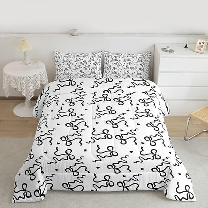 Castle Fairy Bow Love Heart Print Comforter Set King Size,Black Bowknot Bedding Sets 3Pcs for Kids Girls Women Room Decor,Butterfly Tie Knot Duvet Insert Princess Girly Down Comforter,2 Pillowcases