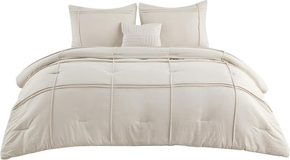 Bedsure Twin Comforter Set - 3 Pieces Grid Pleat Bed Set, Beige Boho Bedding for All Season, 1 Soft Comforter, 1 Pillowcase, 1 Decorative Pillow
