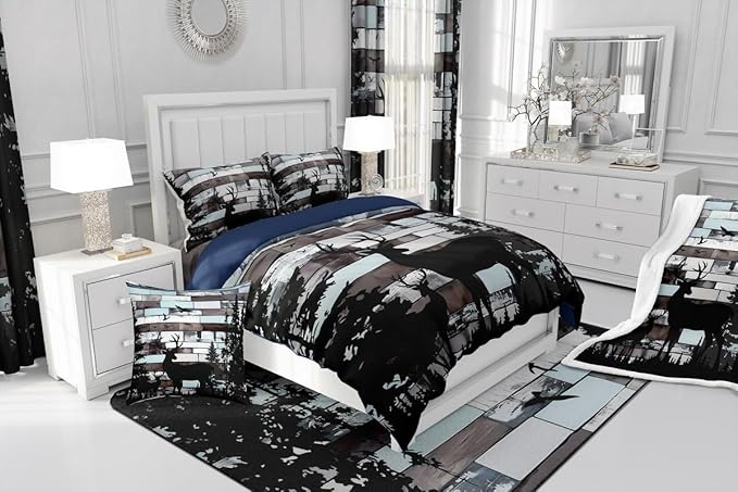 Feelyou Cute Deer Bedding Set Wild Animal Hunt Comforter Set for Kids Boys Girls Pine Trees Retro Comforter Hunting Theme Quilt Set Bedroom Collection 2Pcs Toddler Size