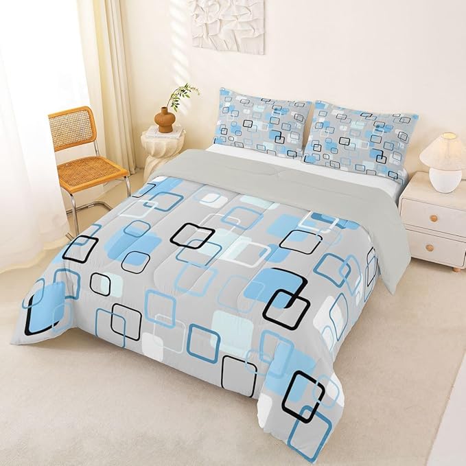 Erosebridal Cool Blue Geometric Square Kids Comforter Sets Abstract Minimalist Stripes Queen Bedding Set for Girls Boys Modern Plaid Comforter Set Checkered Aesthetic Quilt Duvet 3 Pcs