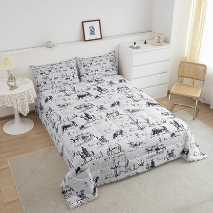 Feelyou Western Comforter Set King Size, White and Black Cowboy Cow Bedding Set Cowboy Comforter Desert Cactus Duvet Set Soft Bed Set 3Pcs