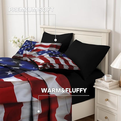 Nesker 7 Pcs Comforter Set Queen Size, Patriotic American Flag Bedding Set for Kids and Adults, Blue Red and White Federations Stars Sheets Bed Sheet Sets with Fitted Sheet 2 Pillowcases & 2 Shams