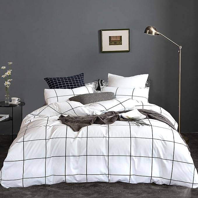 KAREVER White Grid Comforter Set Big Grid Bedding Set King White Black Plaid Printed Stripes Women Checkered Comforters Bedding White Plaid King Comforter