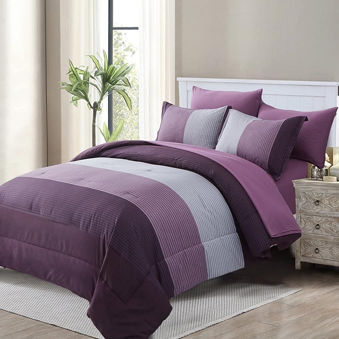 WONGS BEDDING Purple Comforter Sets King, Reversible Striped Patchwork Down Alternative Comforter for King Bed,3 Pieces (1Comforter+2 Pillowcase), Soft Microfiber Bedding Duvet Insert Set 104”×90”