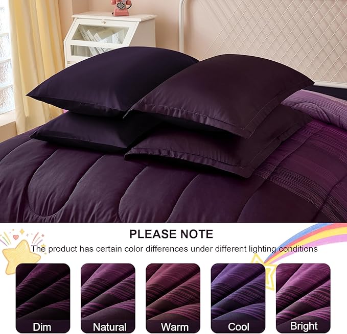 Dinjoy Girls Comforter Set Full Size Colorful Ombre Purple White Rainbow Bedding Set Bed in A Bag for Kid Teen Girls 7 Pieces (1 Comforter, 1 Flat Sheet, 1 Fitted Sheet, 2 Pillow Shams, 2 Pillowcases)