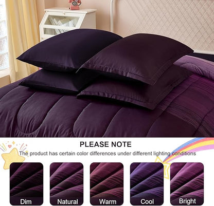 Dinjoy Girls Comforter Set Queen Size 7 Pieces Bed in A Bag Ombre Purple White Rainbow Bedding Set Collections for Teen Women (1 Comforter, 1 Flat Sheet, 1 Fitted Sheet, 2 Pillow Shams, 2 Pillowcases)