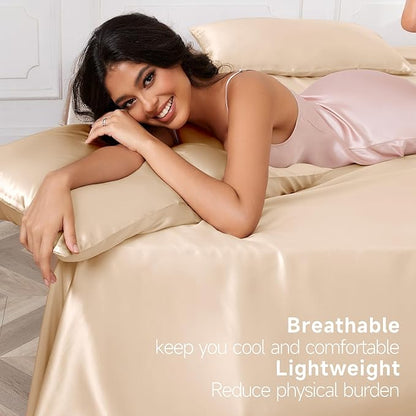 THXSILK Luxury Mulberry Silk Bed Sheets Set - 4pcs Silk Sheets Set 16" Deep Pocket - 1 Fitted Sheet, 1 Flat Sheet, 2 Pillowcases with Zipper Closure - Full, Champagne