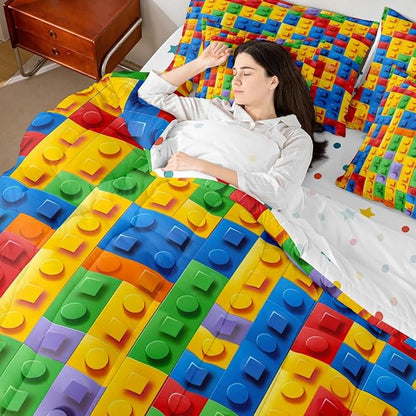 Feelyou Construction Games Comforter Set Full Size 7 Pcs Kids Building Blocks Comforter Bed in a Bag Colorful Brick Bedding Set for Boys Girls Teens Bed Set with Sheets, Pillowcases, Pillow Covers