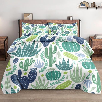 Comforter Set Twin Size, Green Plants Desert 2 Pcs Soft Bedding Set for Kids and Adults, Cactus Flower Summer Comforter Set with Pillowcase, for Bedroom Bed Decor