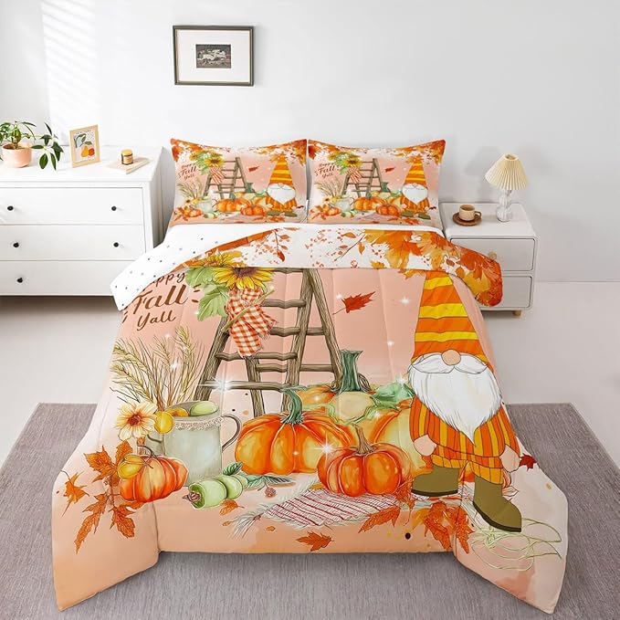 Gnome's Comforter Set: Queen Fall Thanksgiving Pumpkin Bedding, Girls Teen Women, Rustic Farm Autumn Harvest Decor, Sunflower Maple Leaf Quilted Duvet, Orange Red Fall Bedroom Decor