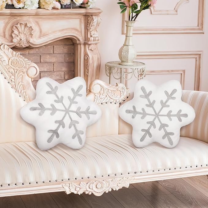 Soaoo 2 Pcs Snowflake Pillow Winter Throw Pillows Decorative Sherpa White Snowflake Shaped Cushion for Winter Home Decor Couch Sofa Bedroom Decoration(Gray)