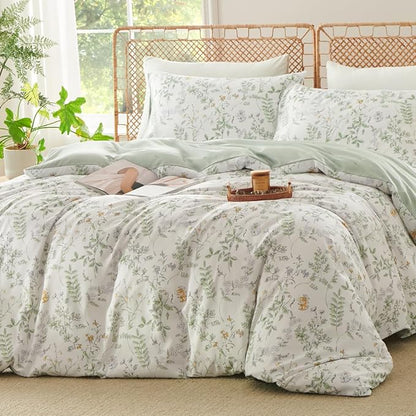 Botanical Comforter Set Full Sage Green Reversible Floral Bedding Set Farmhouse Leaf Bedding 3Pcs Modern Aesthetic Comforter with 2 Pillowcases Ultra Soft Breathable
