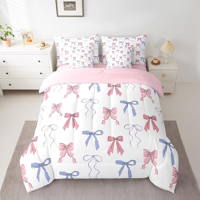 Erosebridal Bowknot King Comforter Set Bow 7-Piece Bed in A Bag Sweet Ribbon Dreamy Fairy Kawaii Sheets and Pillowcases Pink White Bed Sets