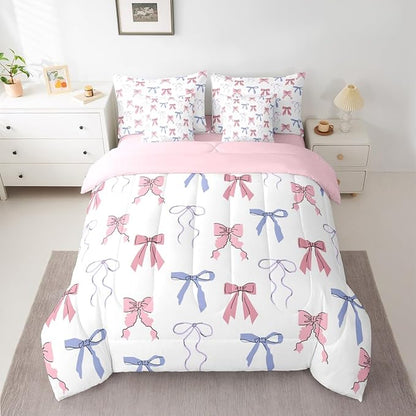 Erosebridal Bowknot King Comforter Set Bow 7-Piece Bed in A Bag Sweet Ribbon Dreamy Fairy Kawaii Sheets and Pillowcases Pink White Bed Sets