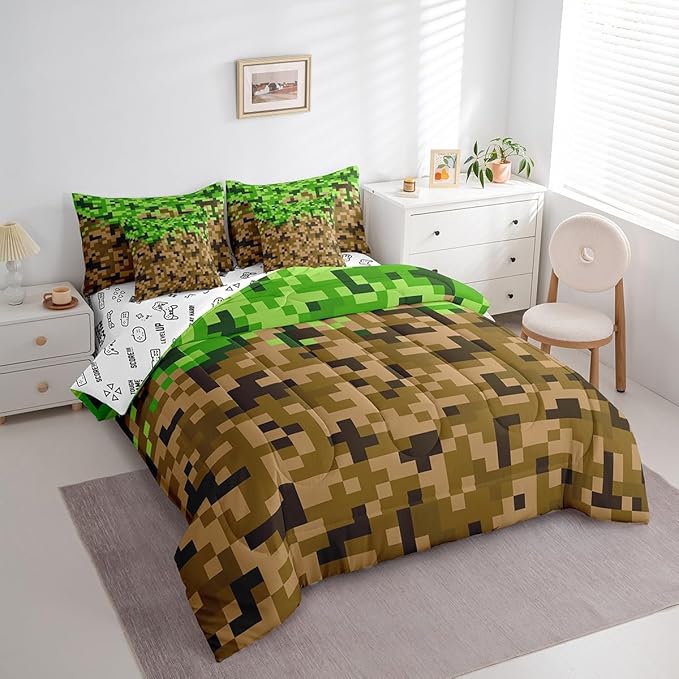 Miner Style Square Grid 7Pcs Comforter Set Queen Size,Brown Green Army Camo Bedding Set for Kids Boys Teens Men Room Decor,Cartoon Gamepad Reversible Bed in a Bag Pixelated Games Flat Fitted Sheet