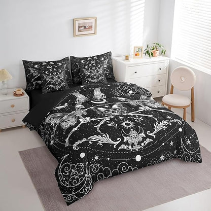 Feelyou Sugar Skull Bedding Set with Comforter, Gothic Skull Comforter King Size 7Pcs Halloween Themed Bed in a Bag with Comforter, Boho Death Moth Flat Sheet, Fitted Sheet, Pillowcases Room Decor