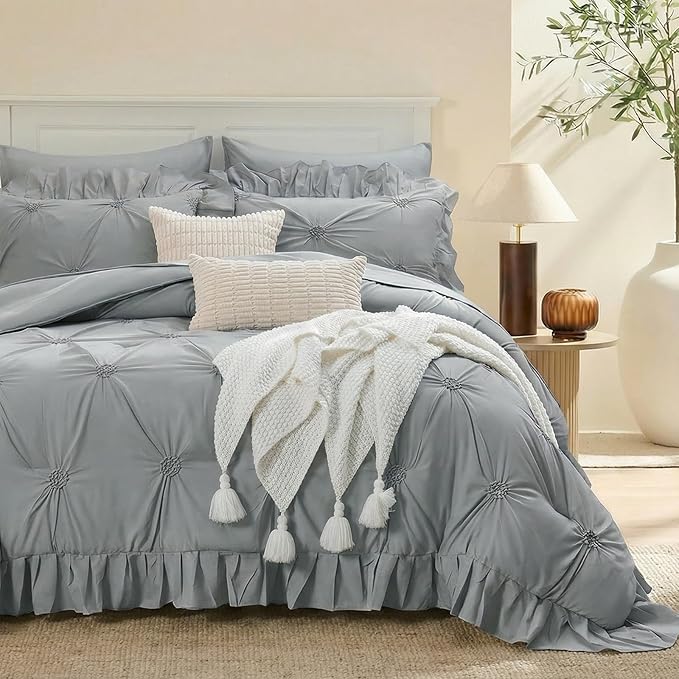 Bedbay Grey Ruffle Comforter Set Queen Size 9 Pcs,Boho Queen Comforter Set with Sheets,Pinch Pleat Bedding Set,Farmhouse Comforter Bed Set,Microfiber Exquisite Ruffle Duvet Set