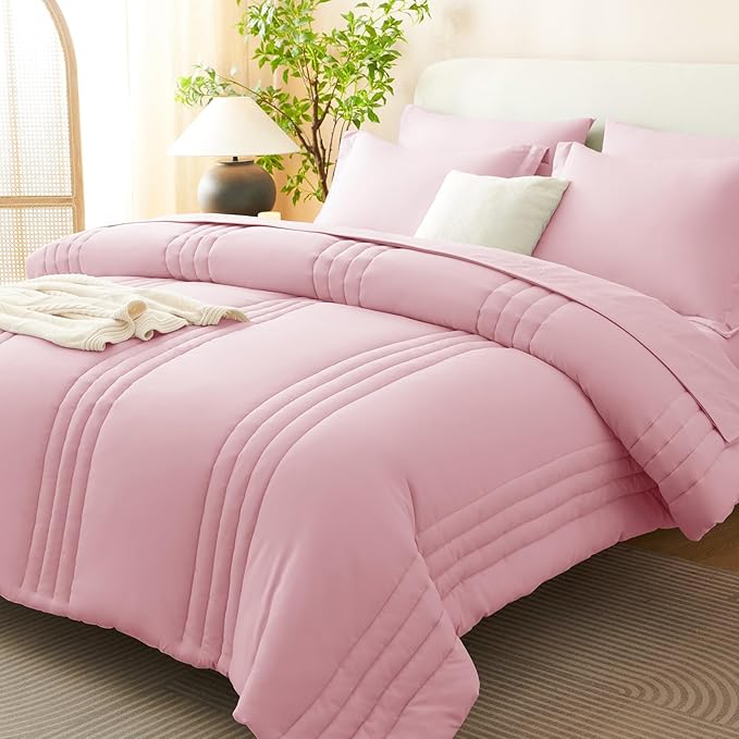 CozyLux Full Comforter Set - 7 Pieces Bed in a Bag Pink Comforter Set with Sheets Luxury Bed Set All Seasons, Soft Bedding Set with Down Alternative Comforter, Sheets, Pillowcases & Shams