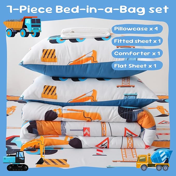 7 Pieces Boys Comforter Set Twin Size Excavator Bedding Set Cartoon Car Kids Bed in a Bag Construction Truck Bedding for Children Kids Boys Teens for Birthday Choice