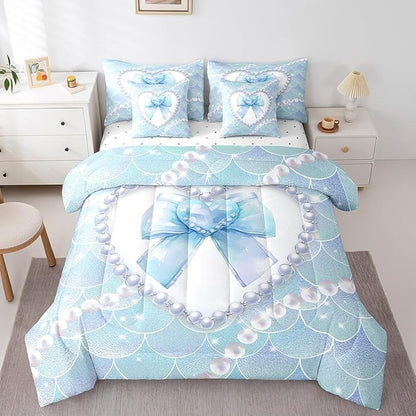 jejeloiu Girls Blue Bowknot 7 Piece Bedding Set King Size White Pearl Comforter Set with Sheets for Kids Women Glitter Mermaid Bed in a Bag Princess Style Bed Set