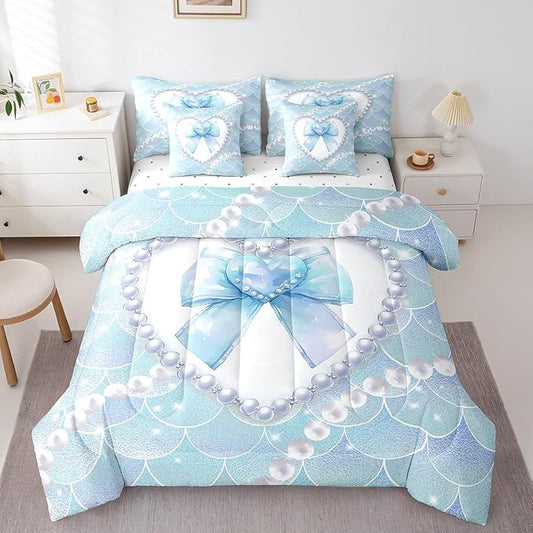jejeloiu Girls Blue Bowknot 7 Piece Bedding Set King Size White Pearl Comforter Set with Sheets for Kids Women Glitter Mermaid Bed in a Bag Princess Style Bed Set