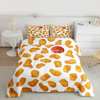 Erosebridal Chicken Nuggets Fried Comforter Set for Kids Boys Girls Teens Adult Food Bedding Set King Size Funny Food Down Comforter Men Women Duvet Set Bedroom Decor, Yellow
