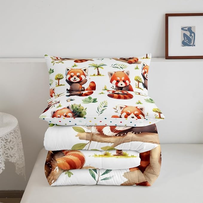 Manfei Cute Raccoon Kids Comforter Sets Twin Size,Cartoon Animal Bear Bedding Comforter Sets,Botanical Plants Quilt Sets for Boys Adult Bedroom Decor,Lovely Raccoon Duvet Insert with 1 Pillowcase