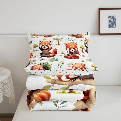 Manfei Cute Raccoon Kids Comforter Sets Twin Size,Cartoon Animal Bear Bedding Comforter Sets,Botanical Plants Quilt Sets for Boys Adult Bedroom Decor,Lovely Raccoon Duvet Insert with 1 Pillowcase