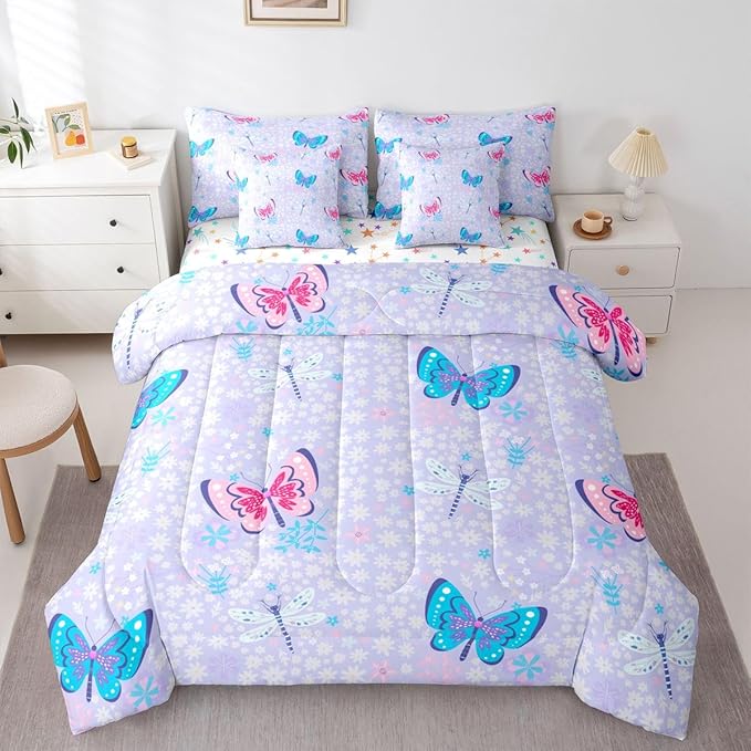 Feelyou Butterfly Dragonfly 7 Piece Bedding Set Cute Flower Comforter Set with Sheets for Kids Boys Girls Purple Bed in a Bag Animal Theme Bed Set Soft Lightweight