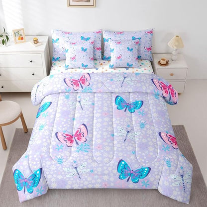 Feelyou Butterfly Dragonfly 7 Piece Bedding Set Cute Flower Comforter Set with Sheets for Kids Boys Girls Purple Bed in a Bag Animal Theme Bed Set Soft Lightweight