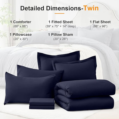 Twin Comforter Set 5 Pieces - Ultra-Soft Bed in a Bag Twin Size, Cozy Luxury All Season Bedding Sets with Comforter, Flat Sheet, Fitted Sheet, 1 Pillow Shams & 1 Pillowcases, Navy Blue
