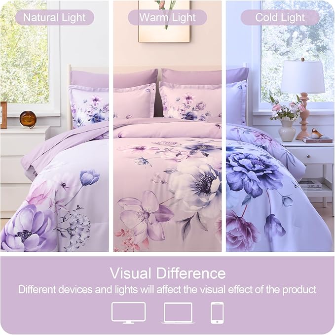 Floral Comforters Queen Size 7 Pieces Botanical Purple Flower Bed in a Bag Ulter Soft Microfiber Bedding Set, Lightweight Bed Comforter Set with Sheets for All Season (Purple, Queen)