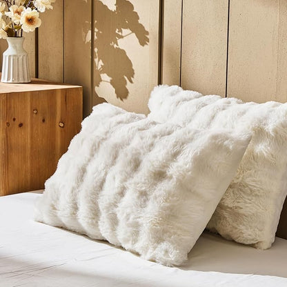 Lotus Karen Faux Fur King Comforter Set – Cream White Fluffy Comforter King Size, Big Bubble Faux Rabbit Fur Bedding Comforter Sets, Warm Cozy Fuzzy Bed Set 3 Pieces, 1 Comforter and 2 Pillowcases