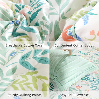 Botanical Cotton Comforter Queen Size 3Pcs - Cute Garden Floral Design with Green Leaves & Coral and Pink Flowers,Sage Striped Reverse,Lightweight Reversible Bedding Sets(Full/Queen,90"×90")