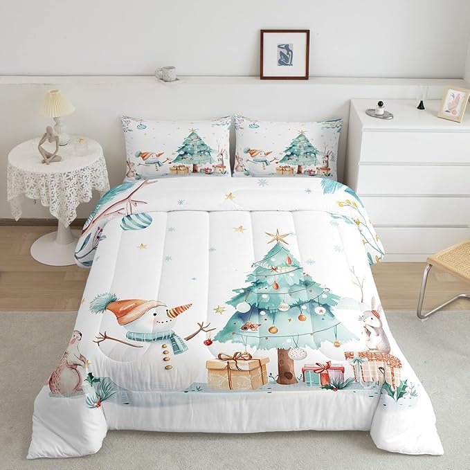 Cute Snowman Bedding Set Queen Size,Cartoon Rabbit Christmas Tree Comforter Set 3Pcs for Kids Girls Boys Teens Room Decor,Merry Christmas Quilt Set Winter Snowflake Duvet Insert,2 Pillowcases