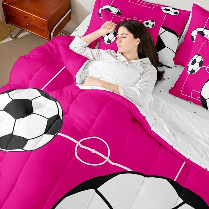 Erosebridal Sports Theme 7 Piece Bedding Set Twin Football Comforter Set with Sheets Boys Football Court Pink White Bed in a Bag Playground Soccer Ball Pattern for Kids Boys Girls