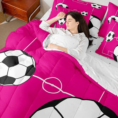 Erosebridal Sports Theme 7 Piece Bedding Set Full Football Comforter Set with Sheets Boys Football Court Pink White Bed in a Bag Playground Soccer Ball Pattern for Kids Boys Girls