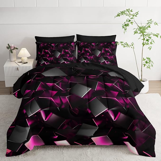 Black and Pink Geometric Comforter Set King Size 7PCS,Abstract Triangular Printed Bedding Set for Adults,Geometric Mordern Art Decor All Seasons with Pillowcases,Flat, Fitted Sheet