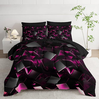 Black and Pink Geometric Comforter Set King Size 7PCS,Abstract Triangular Printed Bedding Set for Adults,Geometric Mordern Art Decor All Seasons with Pillowcases,Flat, Fitted Sheet