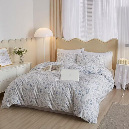 MKXI Queen Comforter Set Cute Blue Floral Bedding Comforter Set White Printed Reversible Soft Comforter Garden Style